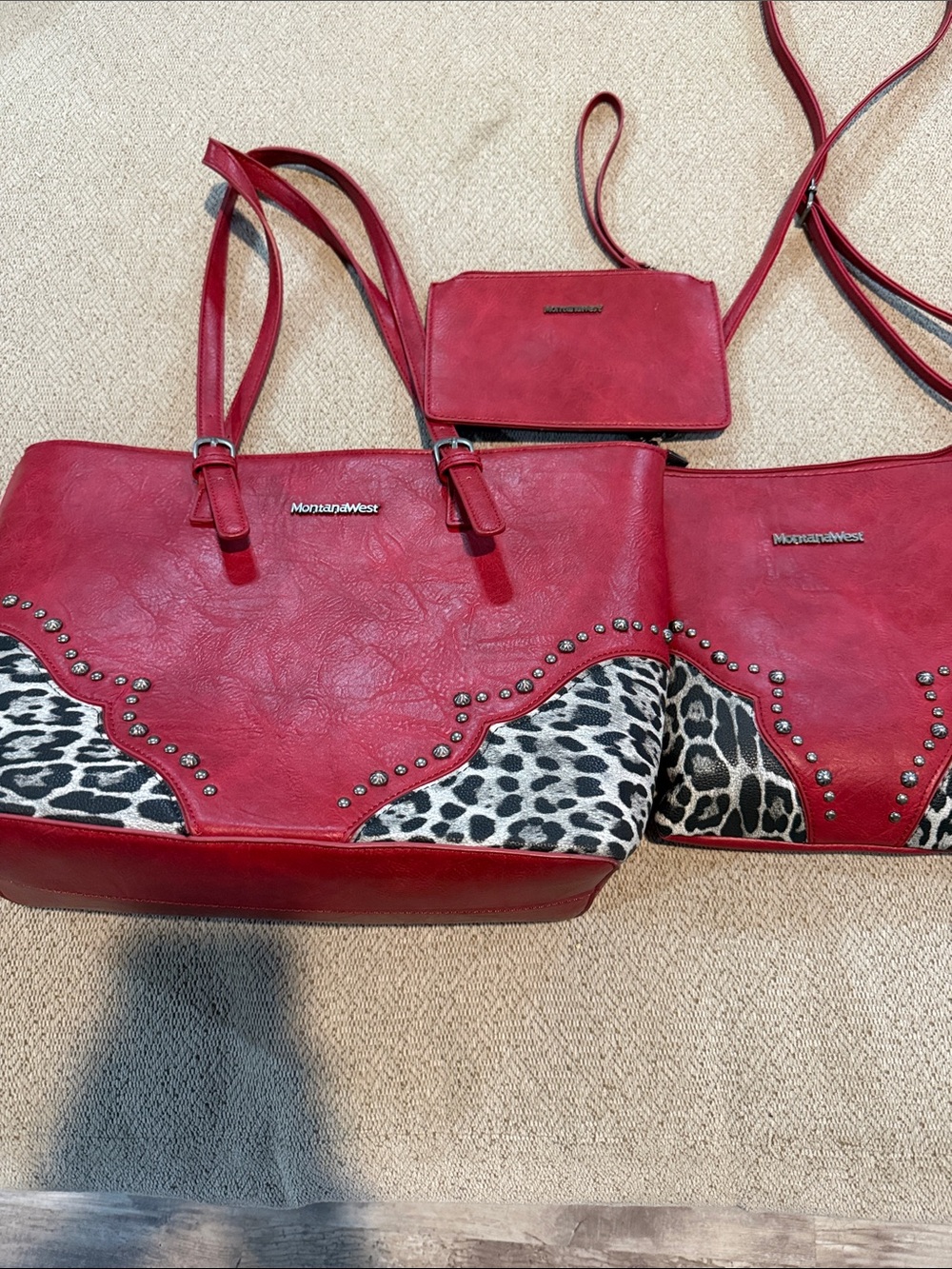 Montana West Red Tote, Crossbody & Wristlet Set with Leopard Accents